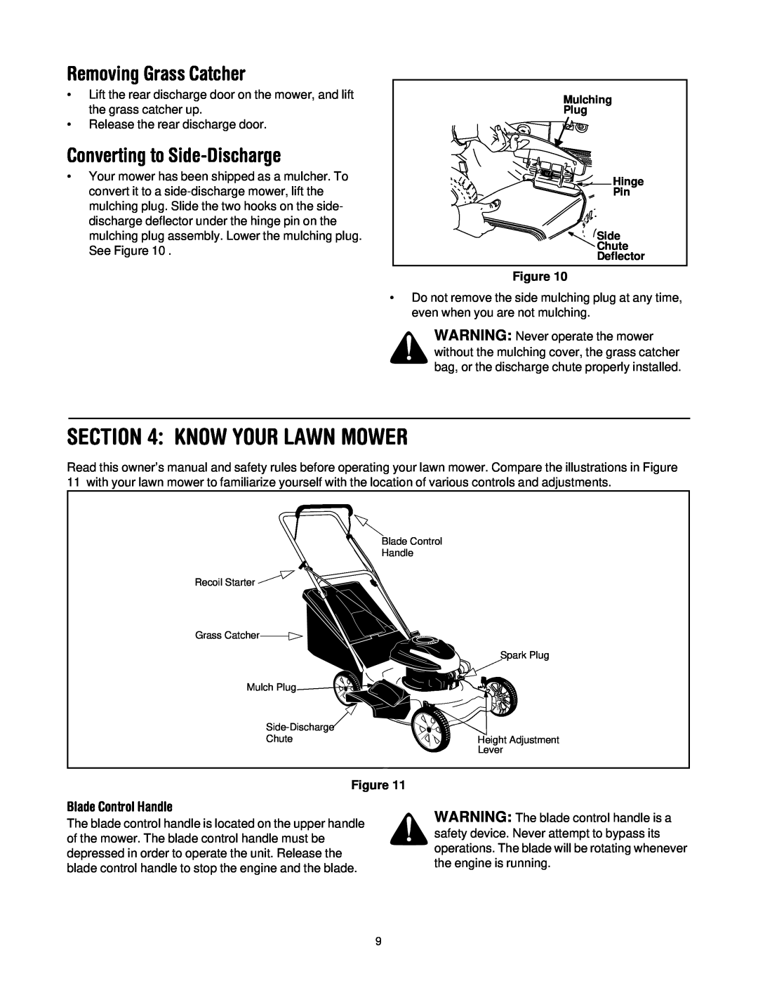 Troy-Bilt 436 manual Know Your Lawn Mower, Removing Grass Catcher, Converting to Side-Discharge, Blade Control Handle 