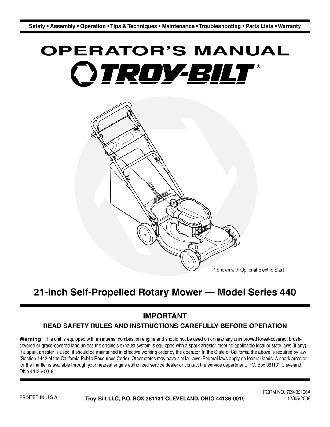 Troy-Bilt 440 warranty OPERATOR’S Manual, Inch Self-Propelled Rotary Mower Model Series 