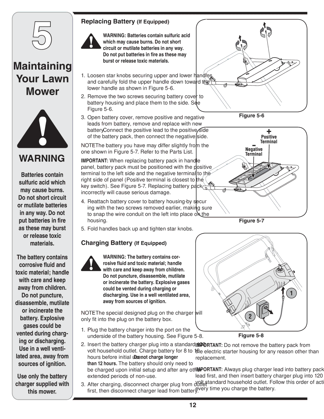 Troy-Bilt 440 warranty Or release toxic Materials, Replacing Battery If Equipped, Charging Battery If Equipped 