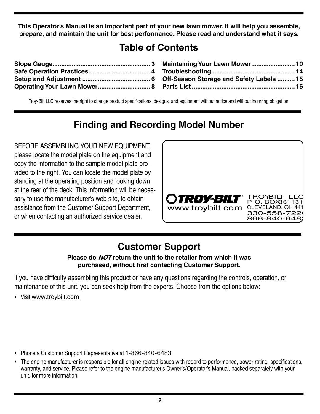 Troy-Bilt 440 warranty Table of Contents, Finding and Recording Model Number, Customer Support 