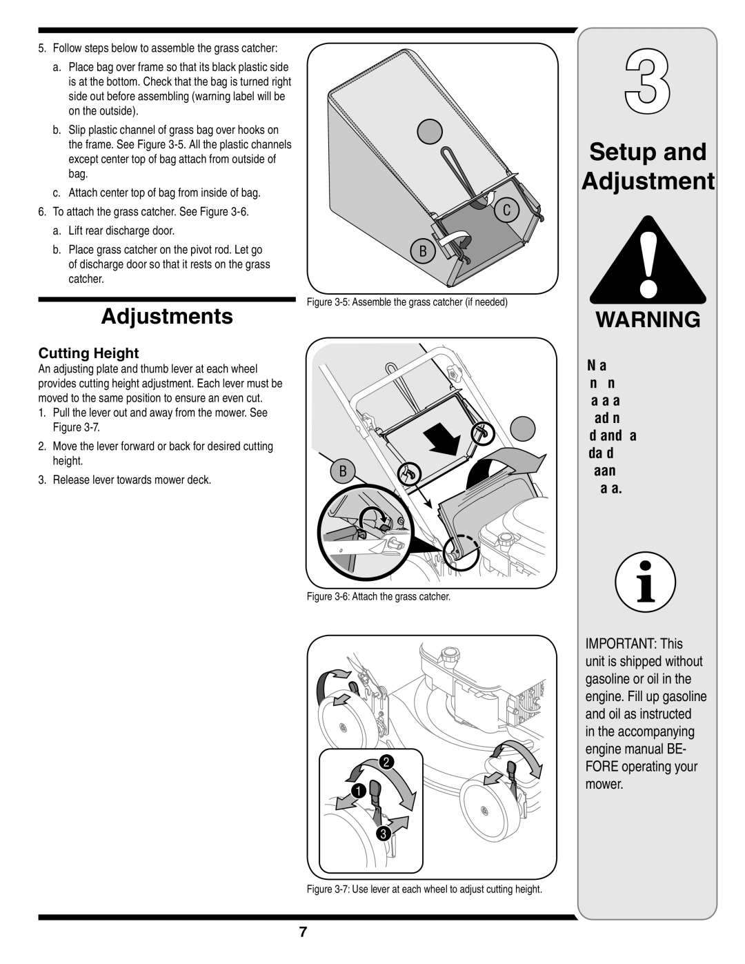 Troy-Bilt 440 warranty Setup Adjustment, Adjustments, Cutting Height, Grass catcher 