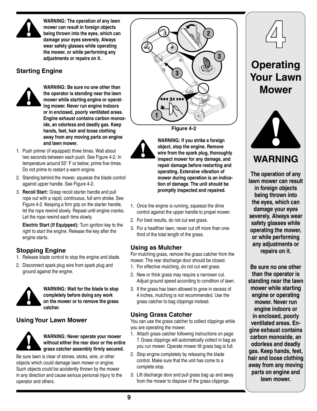 Troy-Bilt 440 warranty Starting Engine, Stopping Engine, Using Your Lawn Mower, Using as Mulcher, Using Grass Catcher 