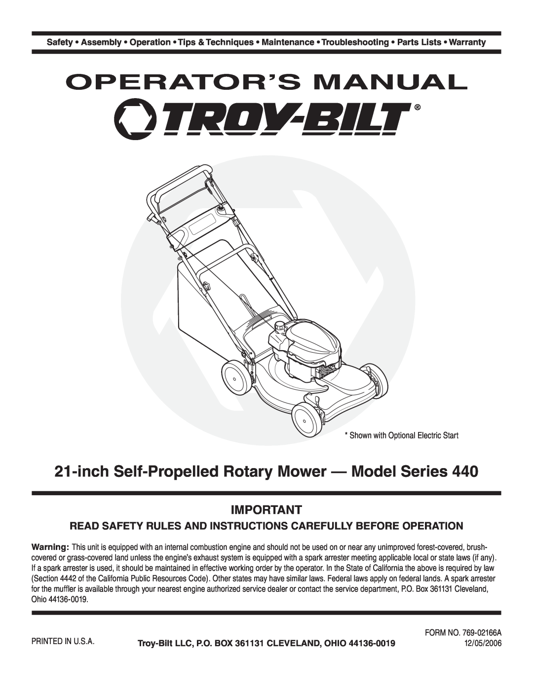 Troy-Bilt 440 warranty Operator’S Manual, inch Self-PropelledRotary Mower - Model Series, 12/05/2006 