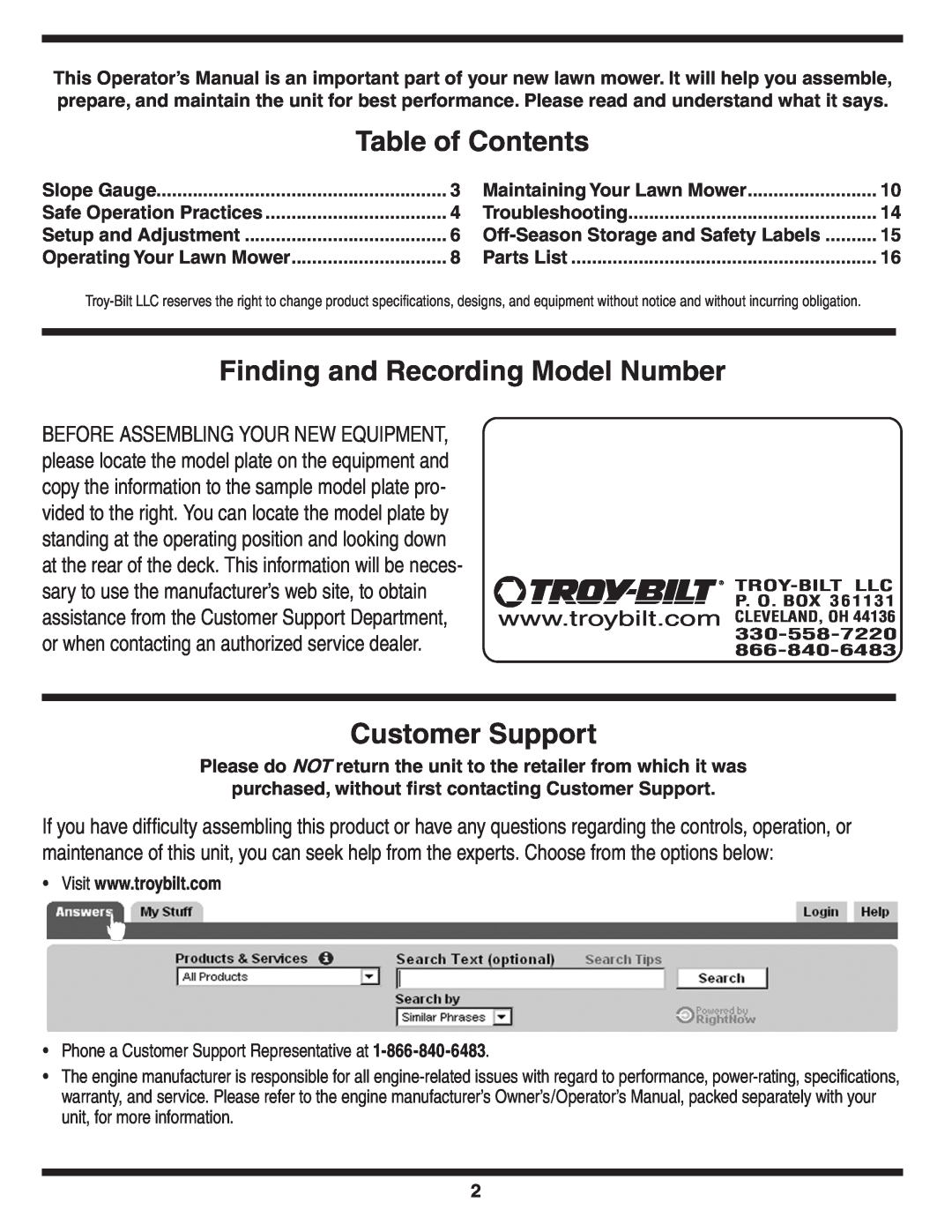 Troy-Bilt 440 warranty Table of Contents, Finding and Recording Model Number, Customer Support 