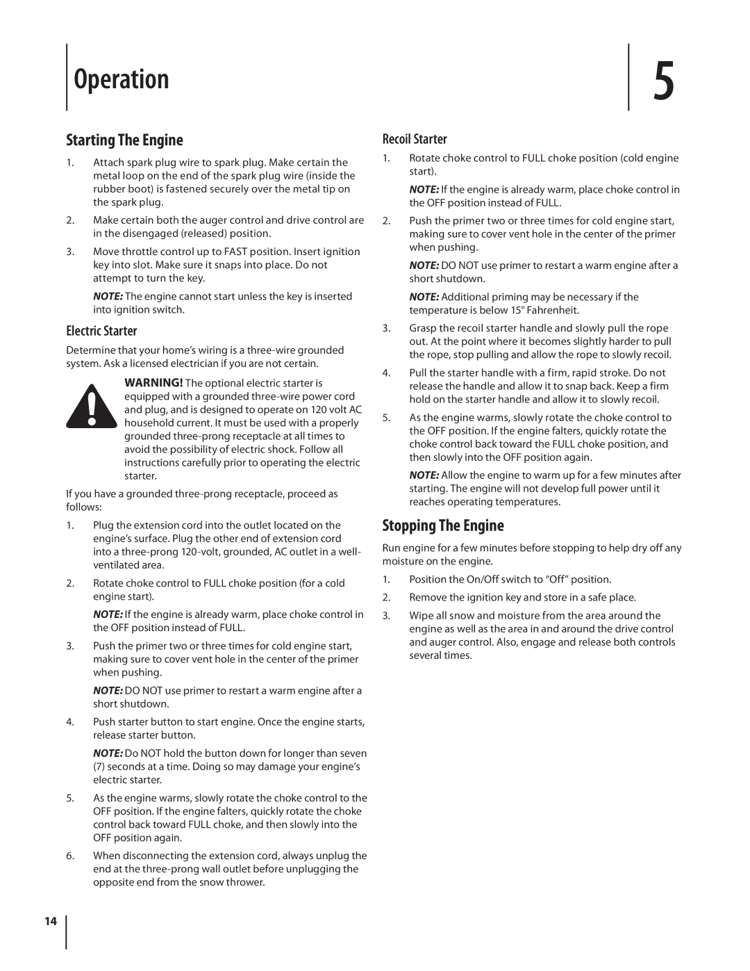 Troy-Bilt 4510 warranty Operation, Starting The Engine, Stopping The Engine, Electric Starter, Recoil Starter 