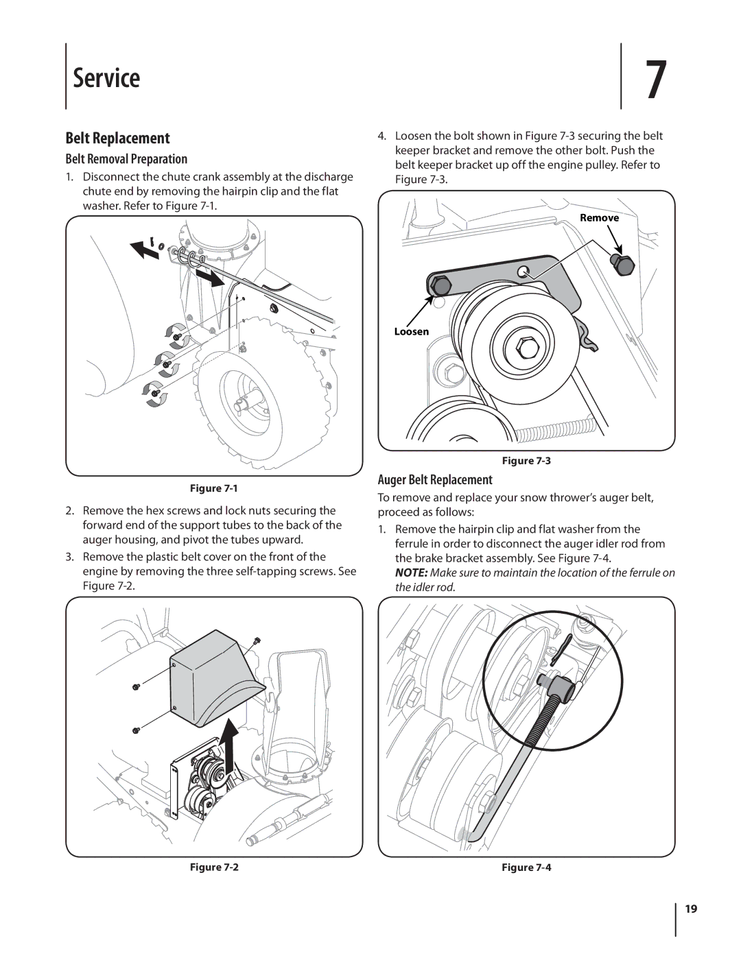 Troy-Bilt 4510 warranty Service, Belt Removal Preparation, Auger Belt Replacement 