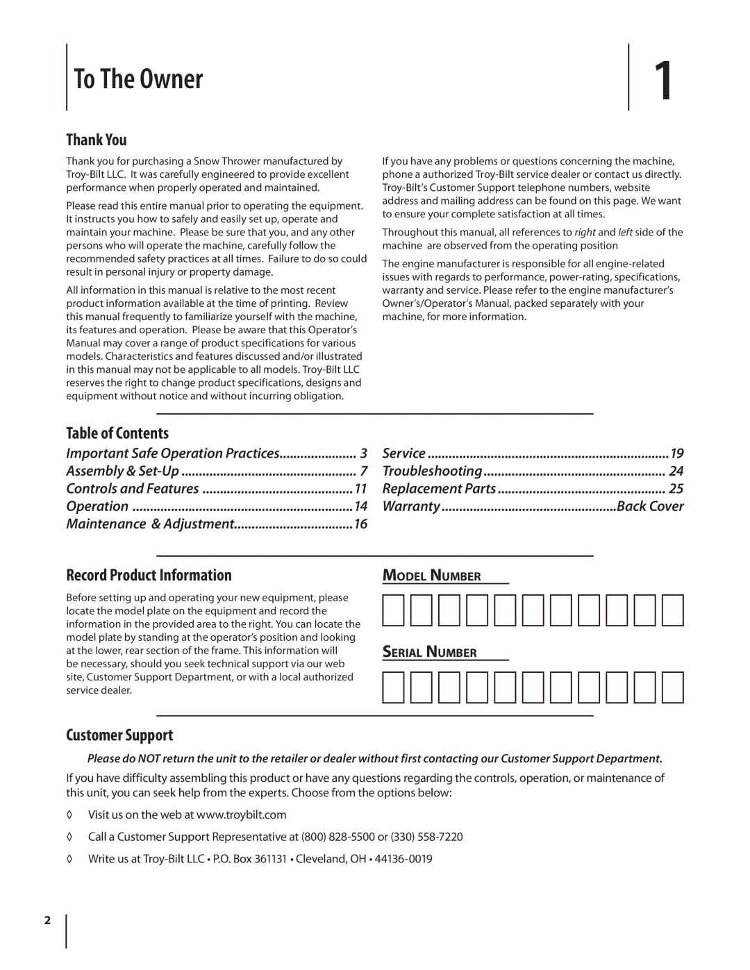 Troy-Bilt 4510 warranty To The Owner, Thank You, Table of Contents, Record Product Information, Customer Support 