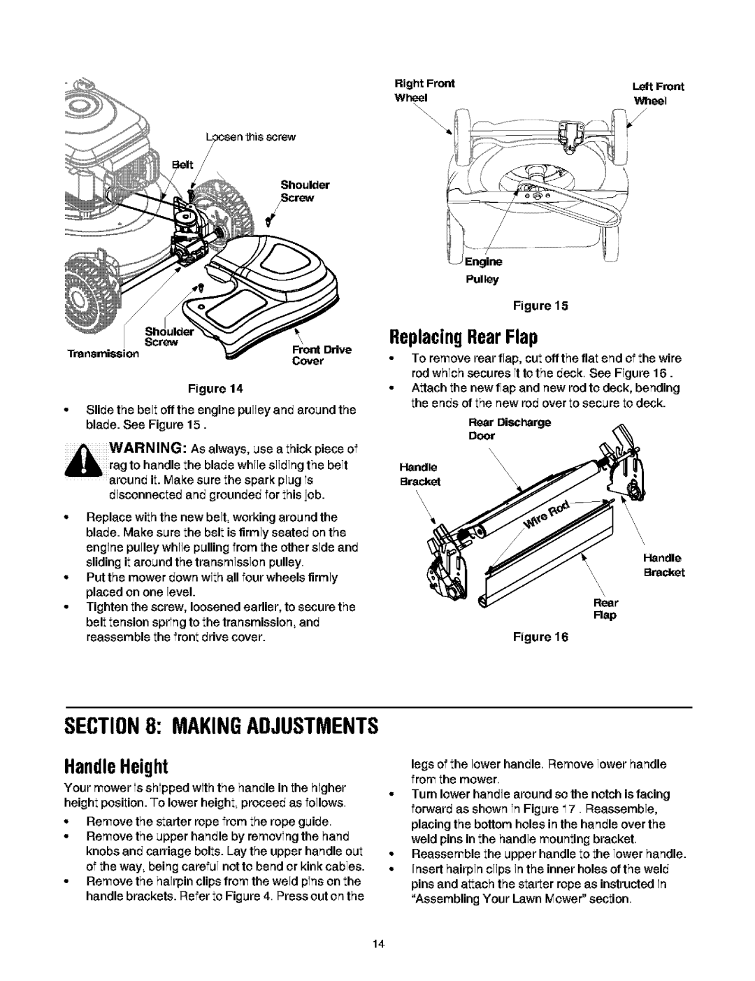 Troy-Bilt 466 manual Makingadjustments, HandleHeight, ReplacingRearFlap 