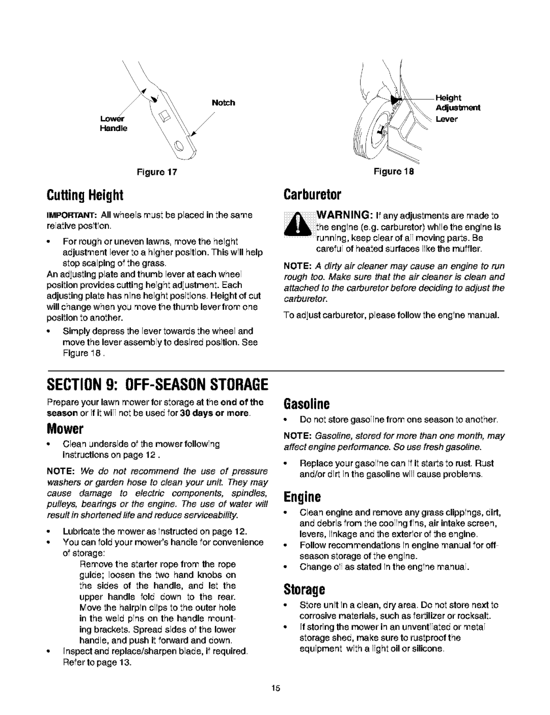 Troy-Bilt 466 manual Off-Seasonstorage, CuttingHeight, Carburetor, Storage 