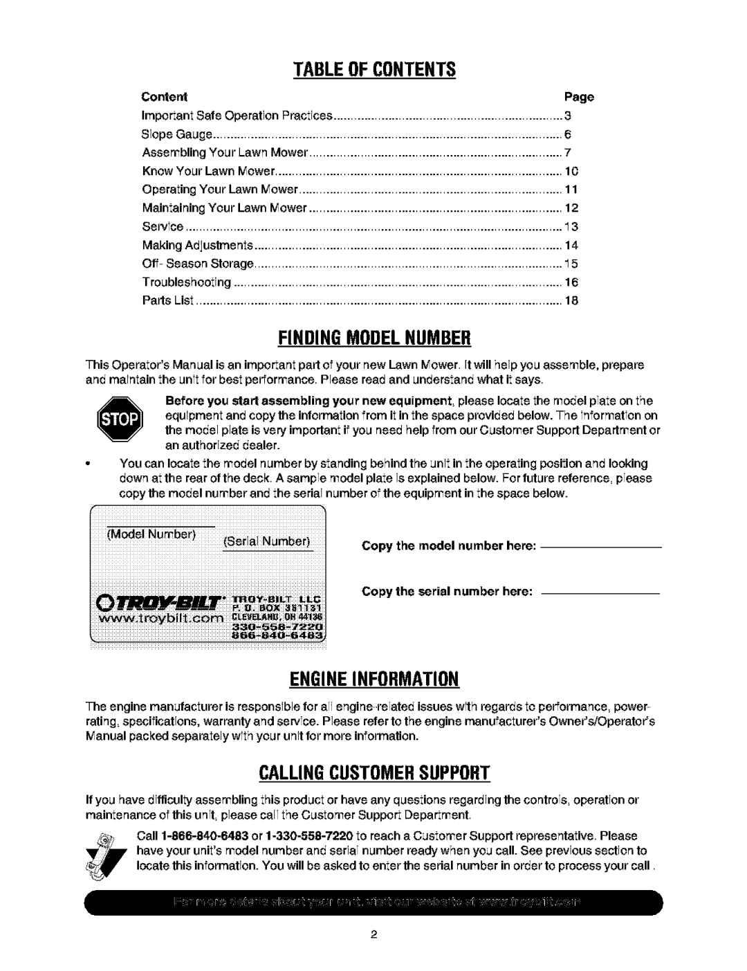 Troy-Bilt 466 manual Tableofcontents 