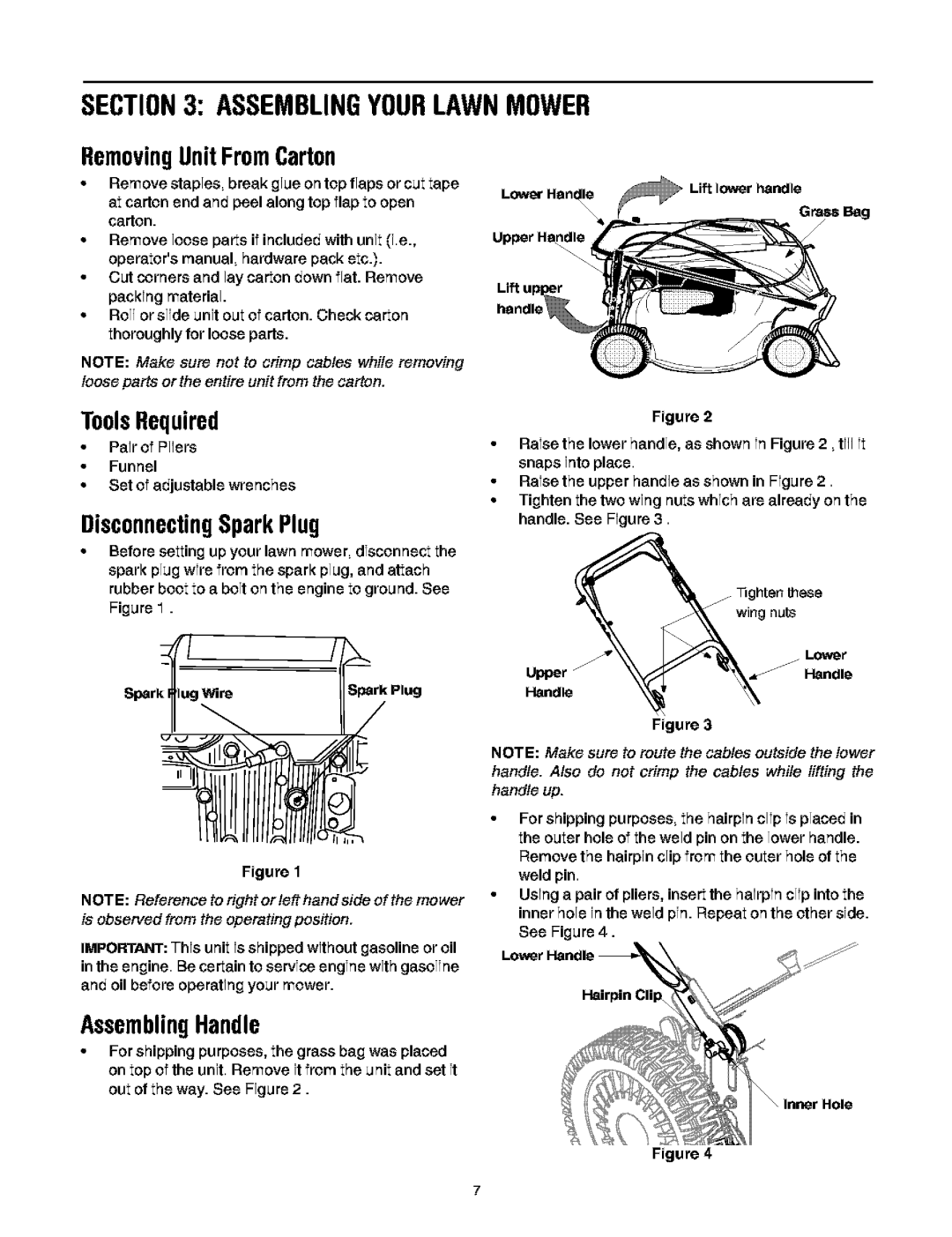 Troy-Bilt 466 Assemblingyourlawnmower, DisconnectingSparkPlug, RemovingUnitFromCarton, ToolsRequired, AssemblingHandle 