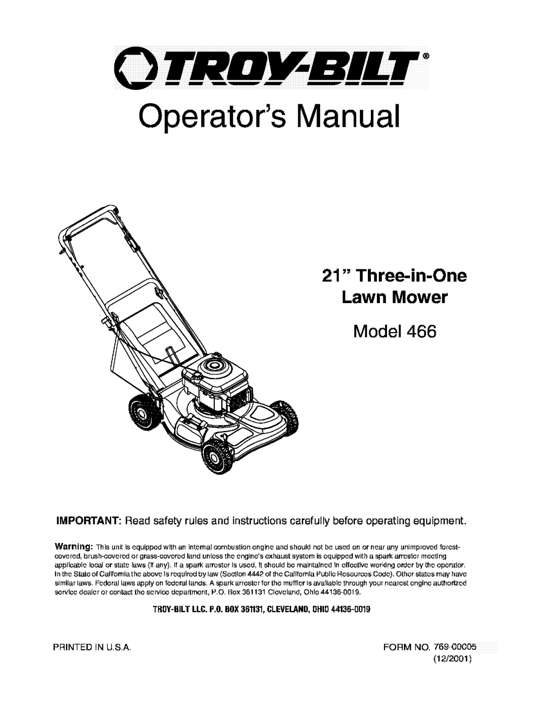 Troy-Bilt 466 manual Operators Manual, Three-in-One Lawn Mower, Model, Form No 
