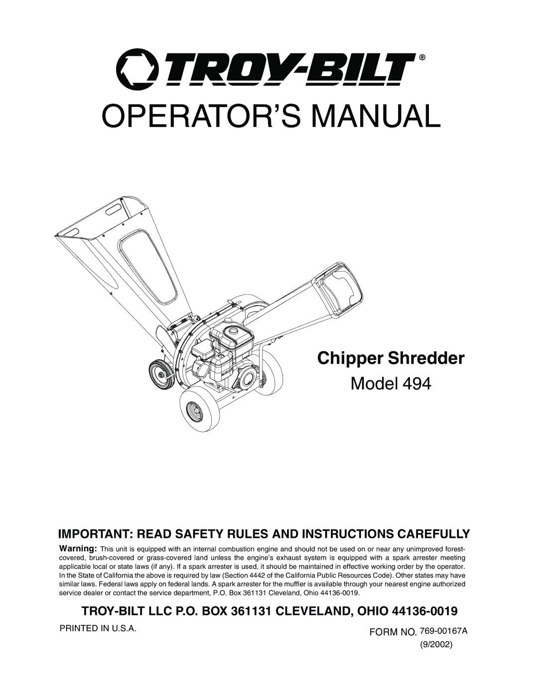 Troy-Bilt 494 manual OPERATOR’S Manual 