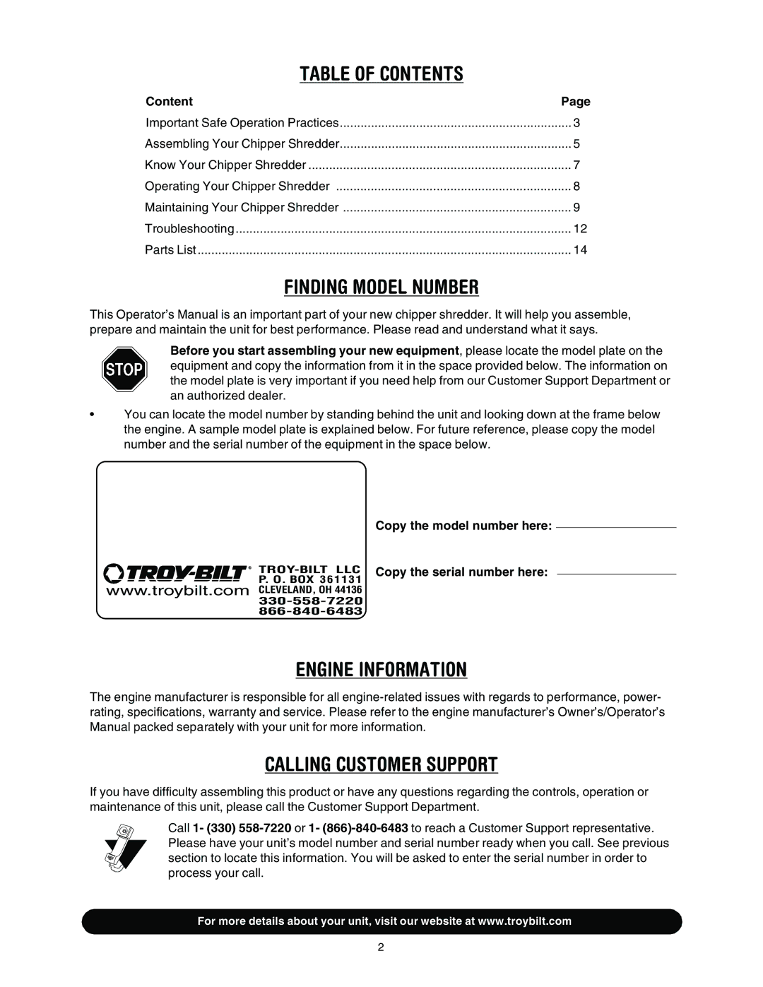 Troy-Bilt 494 manual Table of Contents 