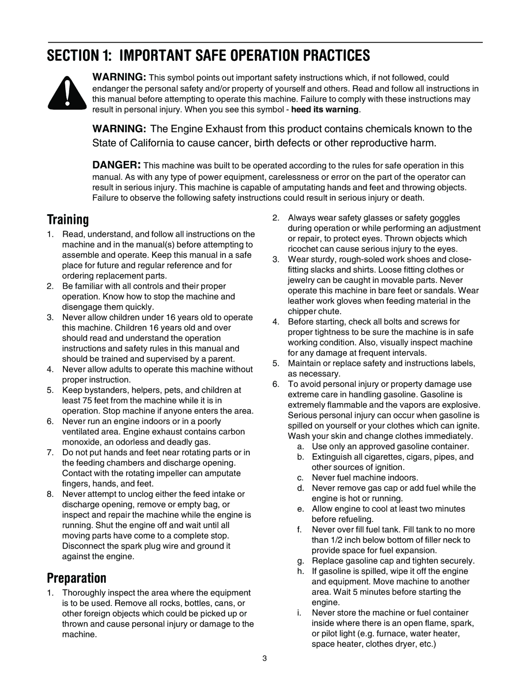 Troy-Bilt 494 manual Important Safe Operation Practices, Training, Preparation 