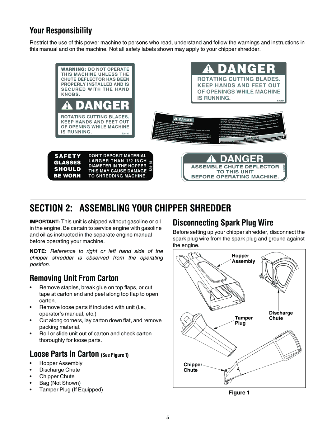 Troy-Bilt 494 manual Assembling Your Chipper Shredder, Your Responsibility, Removing Unit From Carton 