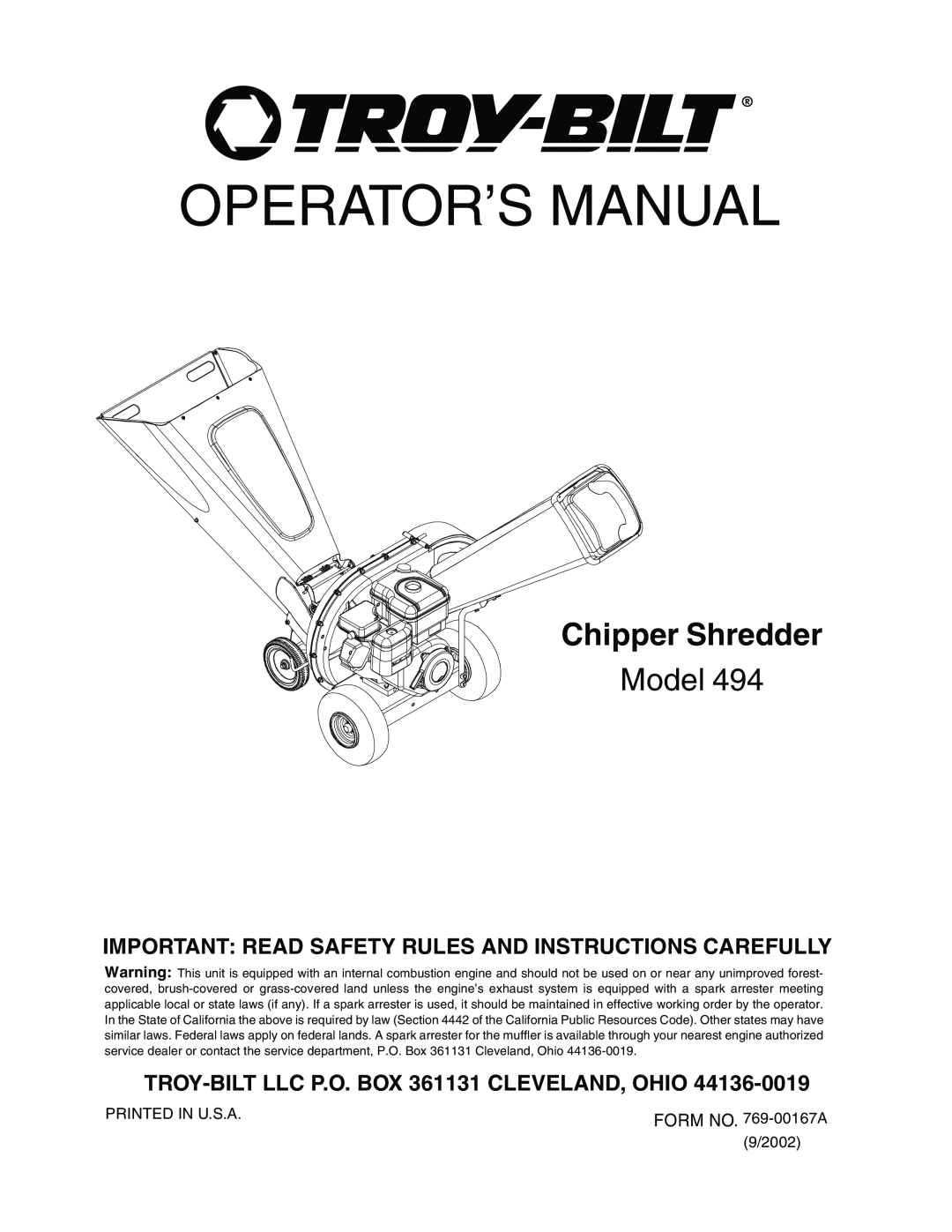 Troy-Bilt 494 manual Operator’S Manual, Chipper Shredder, Model, Important Read Safety Rules And Instructions Carefully 