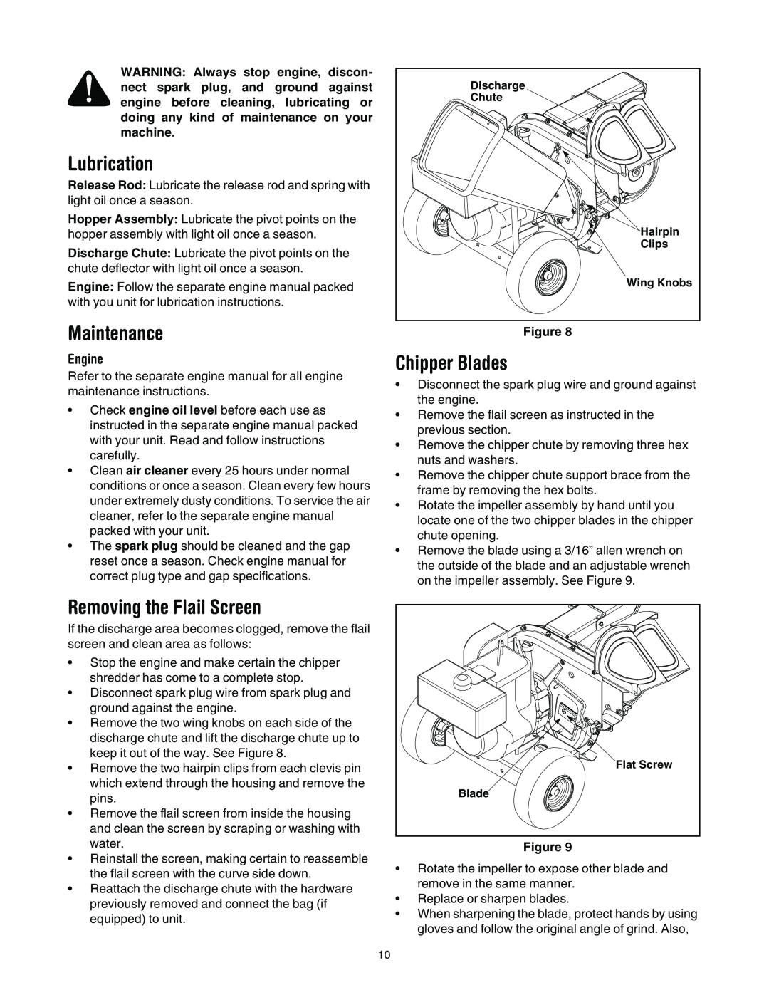 Troy-Bilt 494 manual Lubrication, Maintenance, Removing the Flail Screen, Chipper Blades, Engine 
