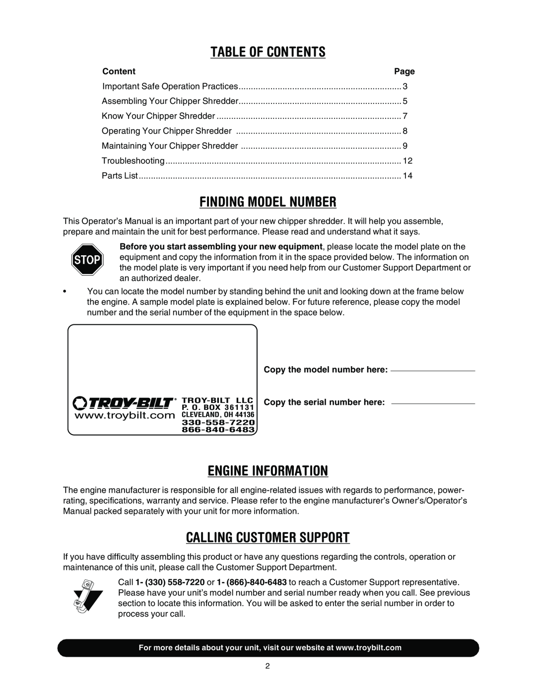 Troy-Bilt 494 manual Table Of Contents, Finding Model Number, Engine Information, Calling Customer Support 