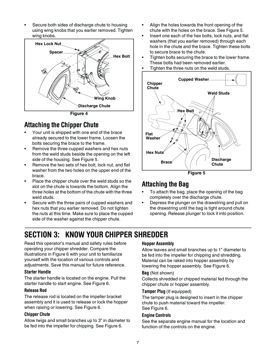 Troy-Bilt 494 Know Your Chipper Shredder, Attaching the Chipper Chute, Attaching the Bag, Starter Handle, Release Rod 