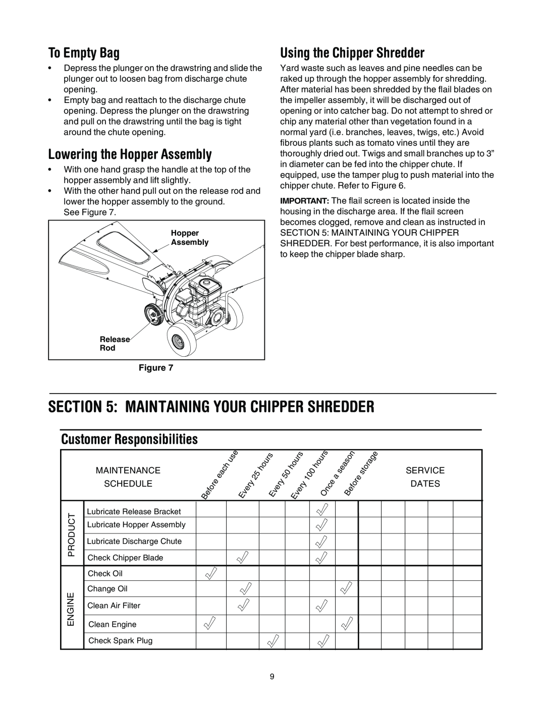 Troy-Bilt 494 manual To Empty Bag, Lowering the Hopper Assembly, Using the Chipper Shredder, Customer Responsibilities 