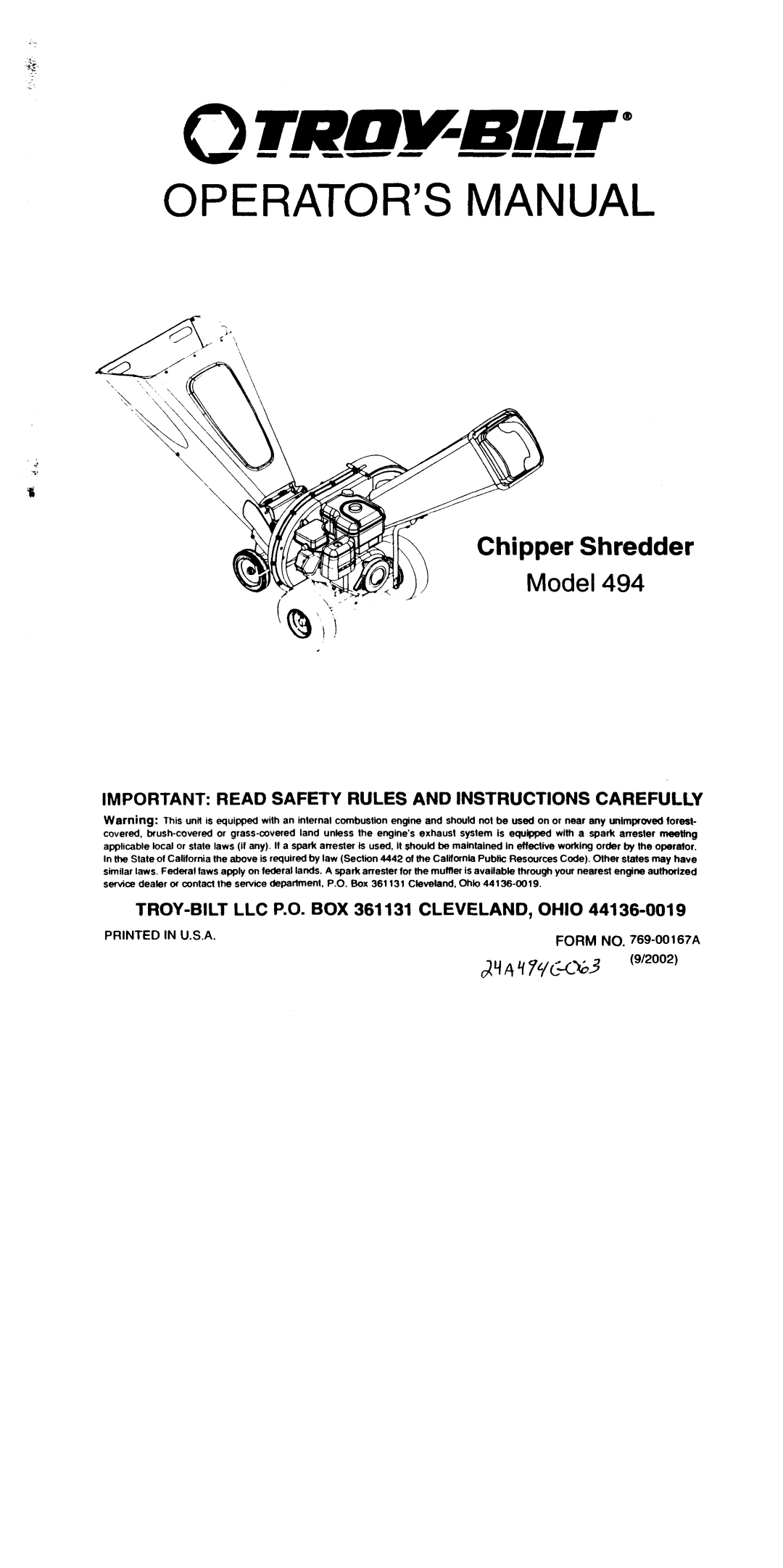 Troy-Bilt 494 manual Operator’S Manual, Chipper Shredder, Model, Important Read Safety Rules And Instructions Carefully 