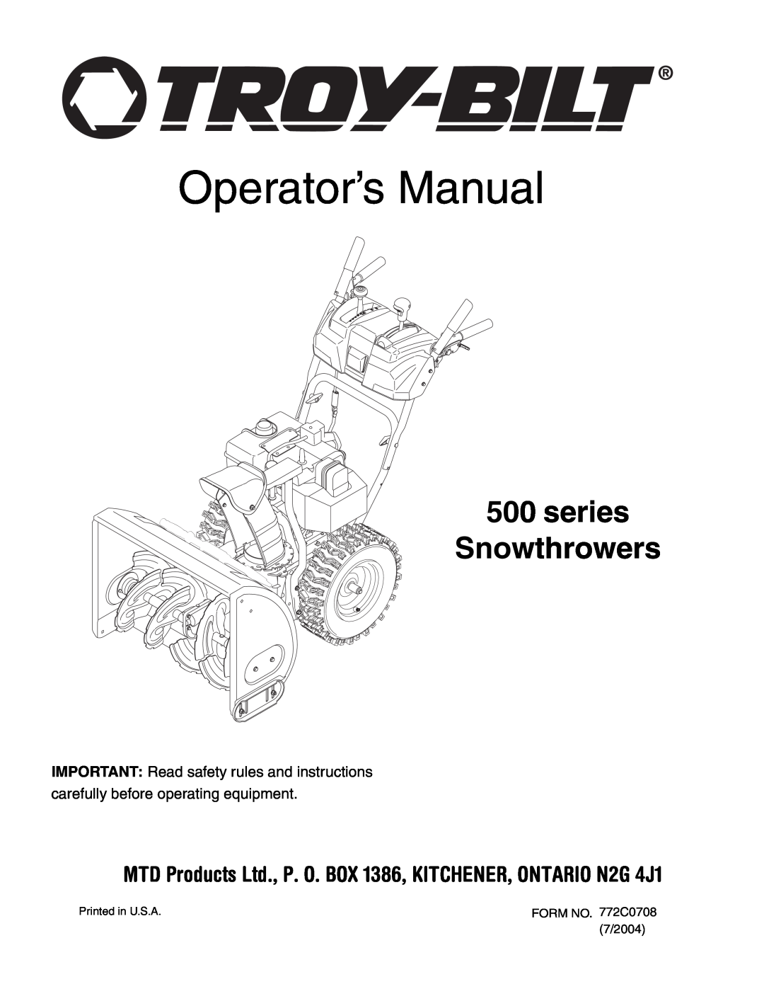 Troy-Bilt 500 series manual Operator’s Manual, series Snowthrowers, IMPORTANT Read safety rules and instructions 
