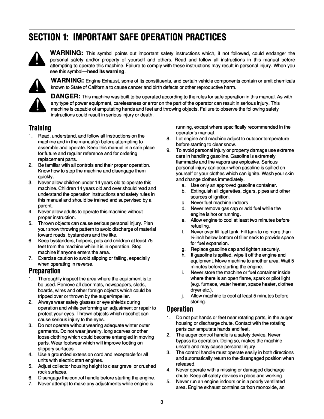 Troy-Bilt 500 series manual Important Safe Operation Practices, Training, Preparation 