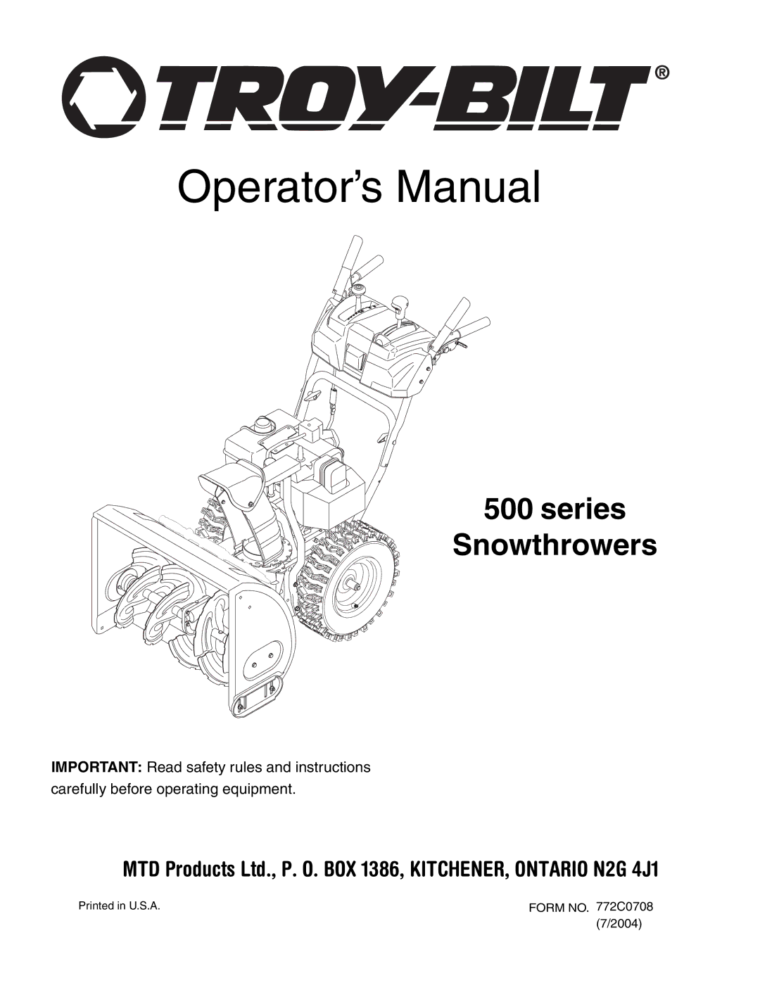 Troy-Bilt 500 series manual Operator’s Manual 