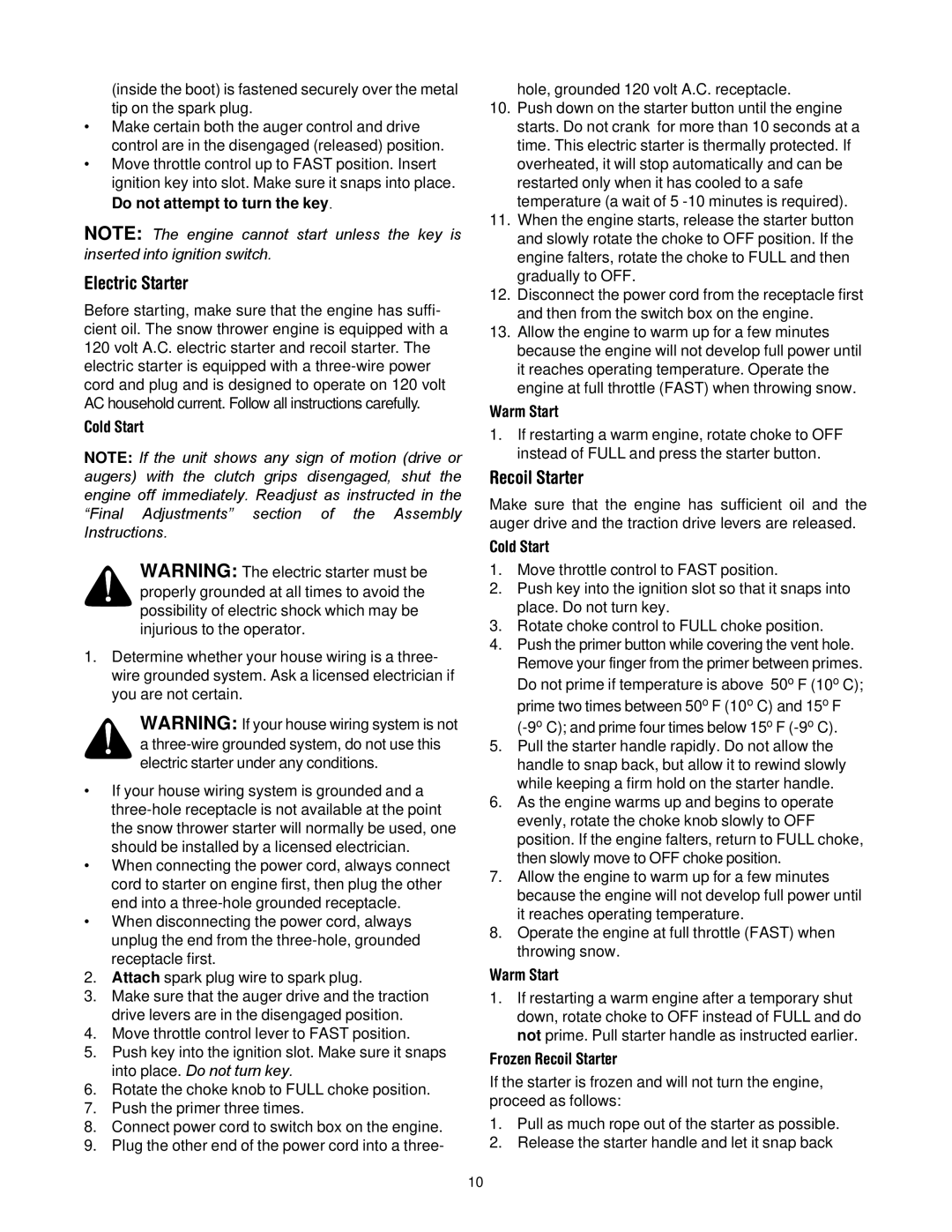 Troy-Bilt 500 series manual Electric Starter, Recoil Starter 