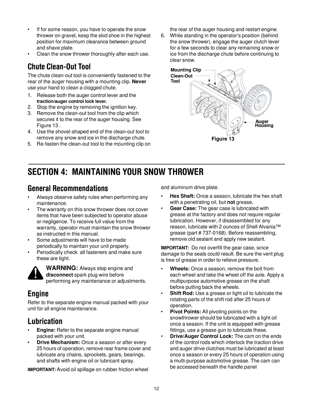 Troy-Bilt 500 series Maintaining Your Snow Thrower, Chute Clean-Out Tool, General Recommendations, Engine, Lubrication 