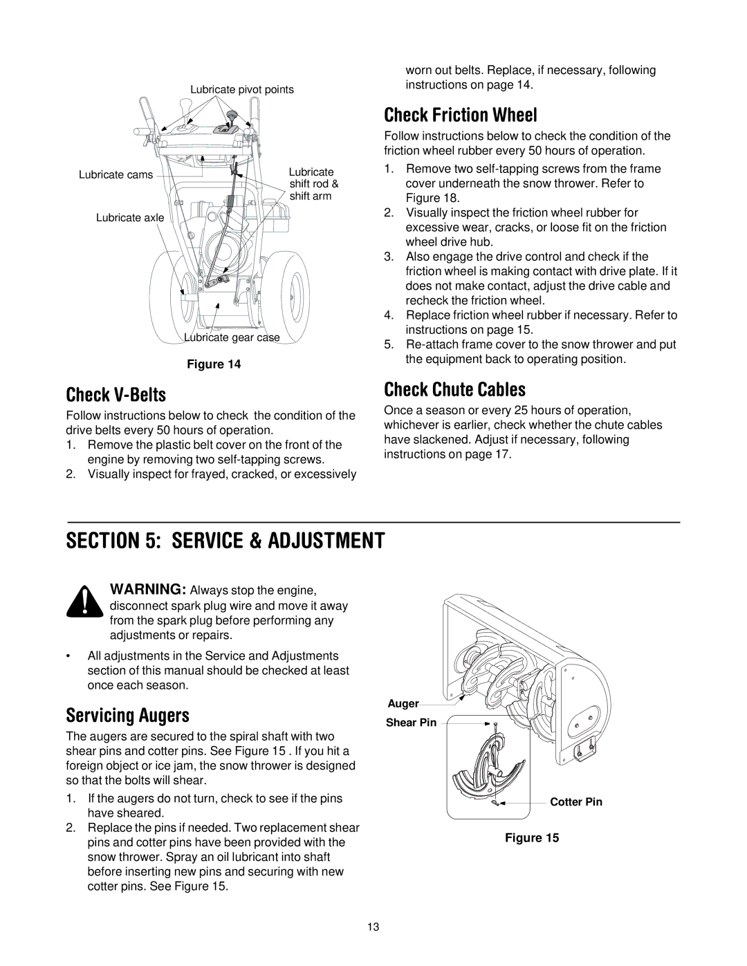 Troy-Bilt 500 series manual Service & Adjustment, Check V-Belts, Check Friction Wheel, Check Chute Cables, Servicing Augers 