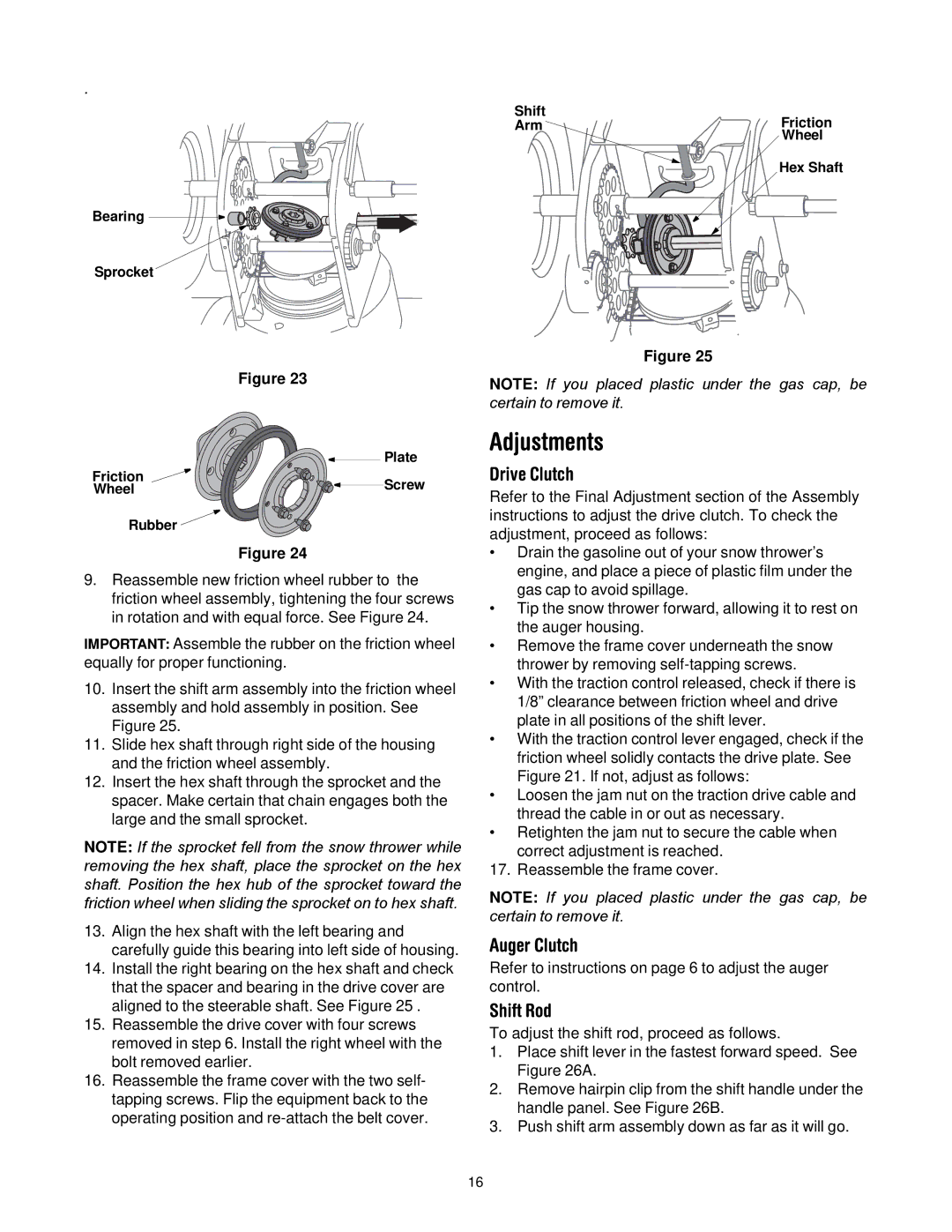 Troy-Bilt 500 series manual Adjustments, Drive Clutch, Auger Clutch, Shift Rod 