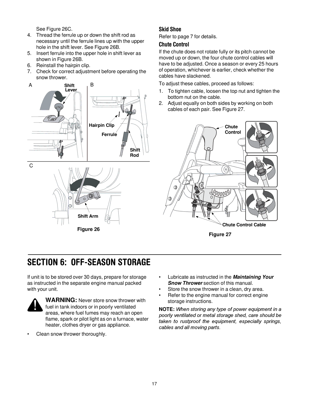 Troy-Bilt 500 series manual OFF-SEASON Storage, Chute Control 