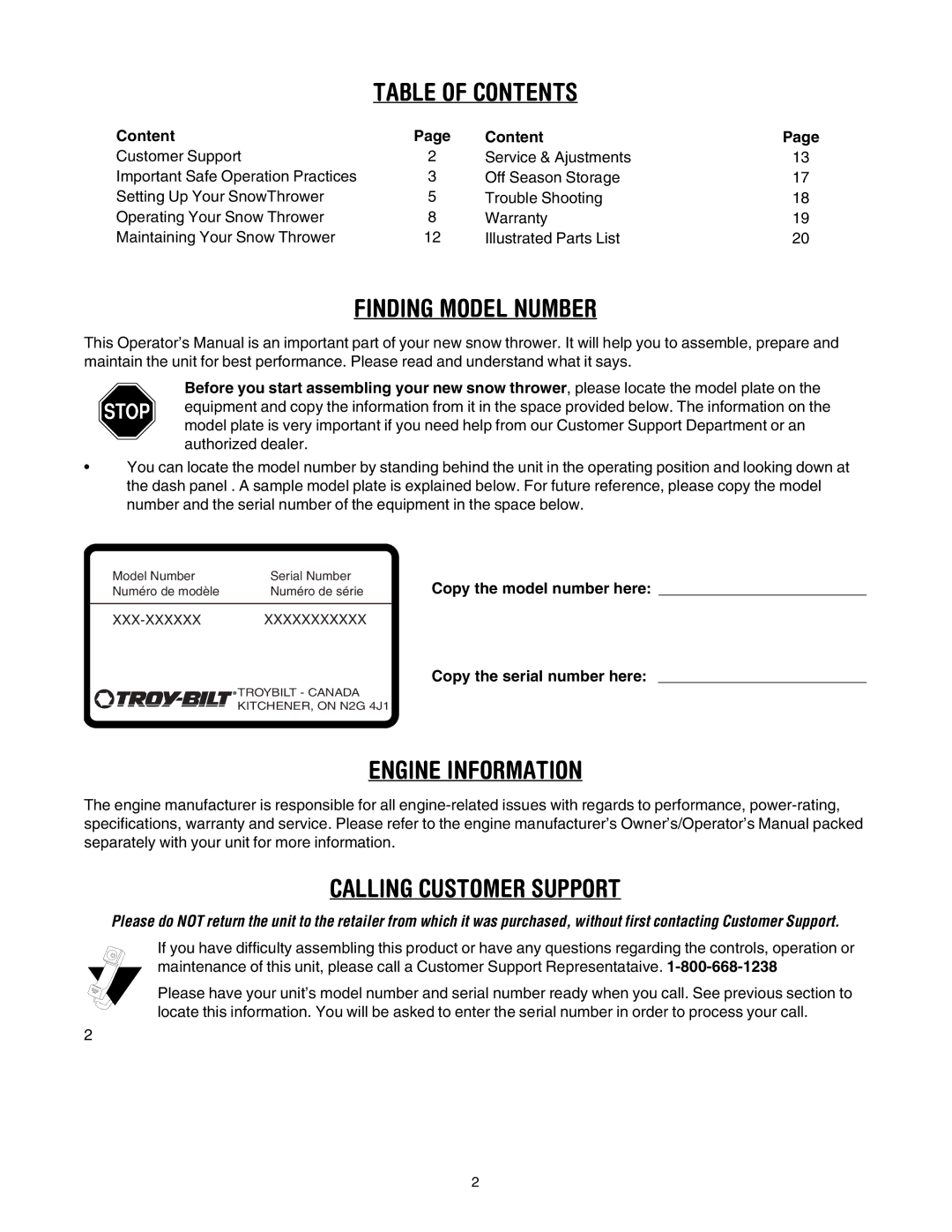 Troy-Bilt 500 series manual Table of Contents 