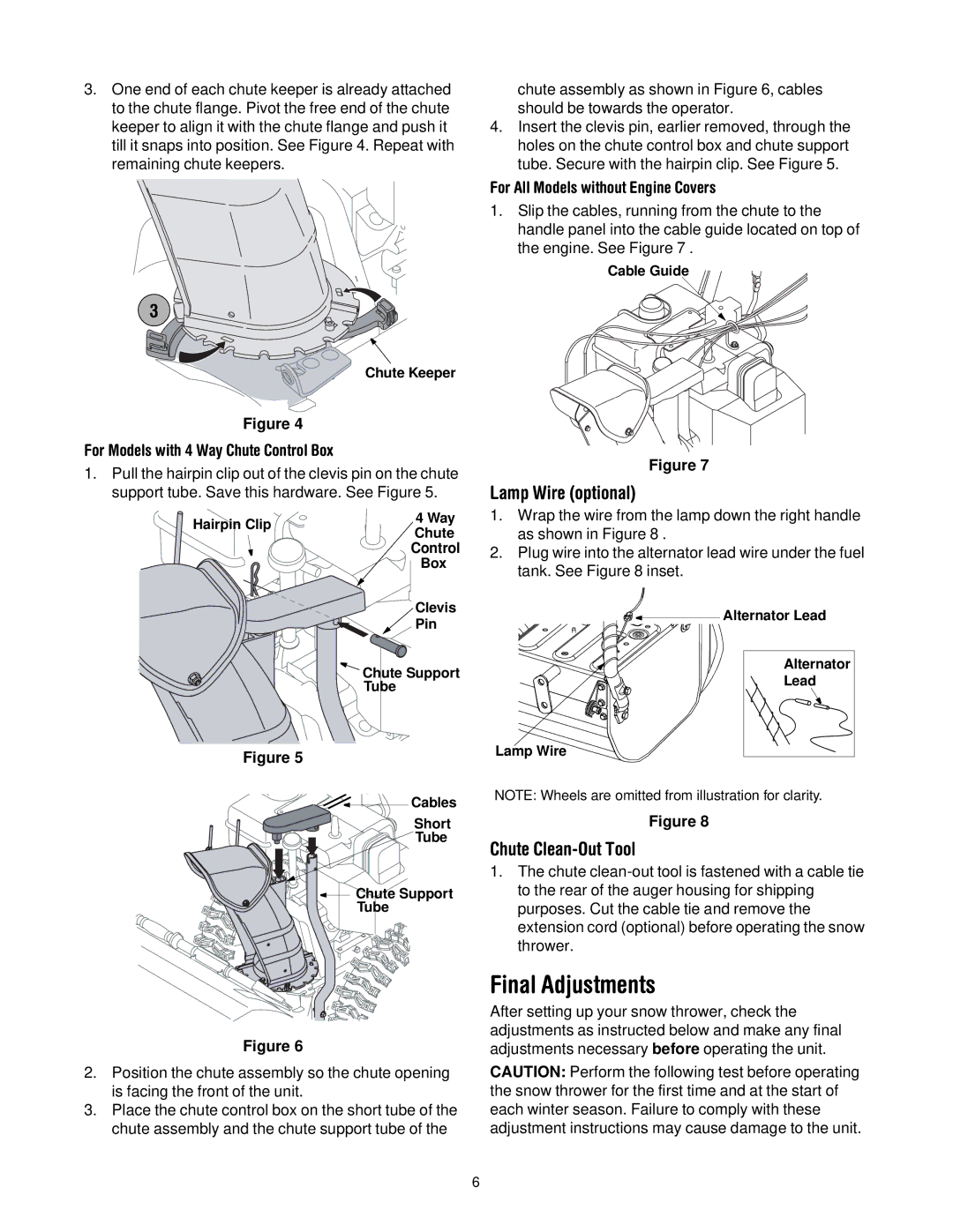 Troy-Bilt 500 series manual Final Adjustments, Lamp Wire optional, Chute Clean-Out Tool 