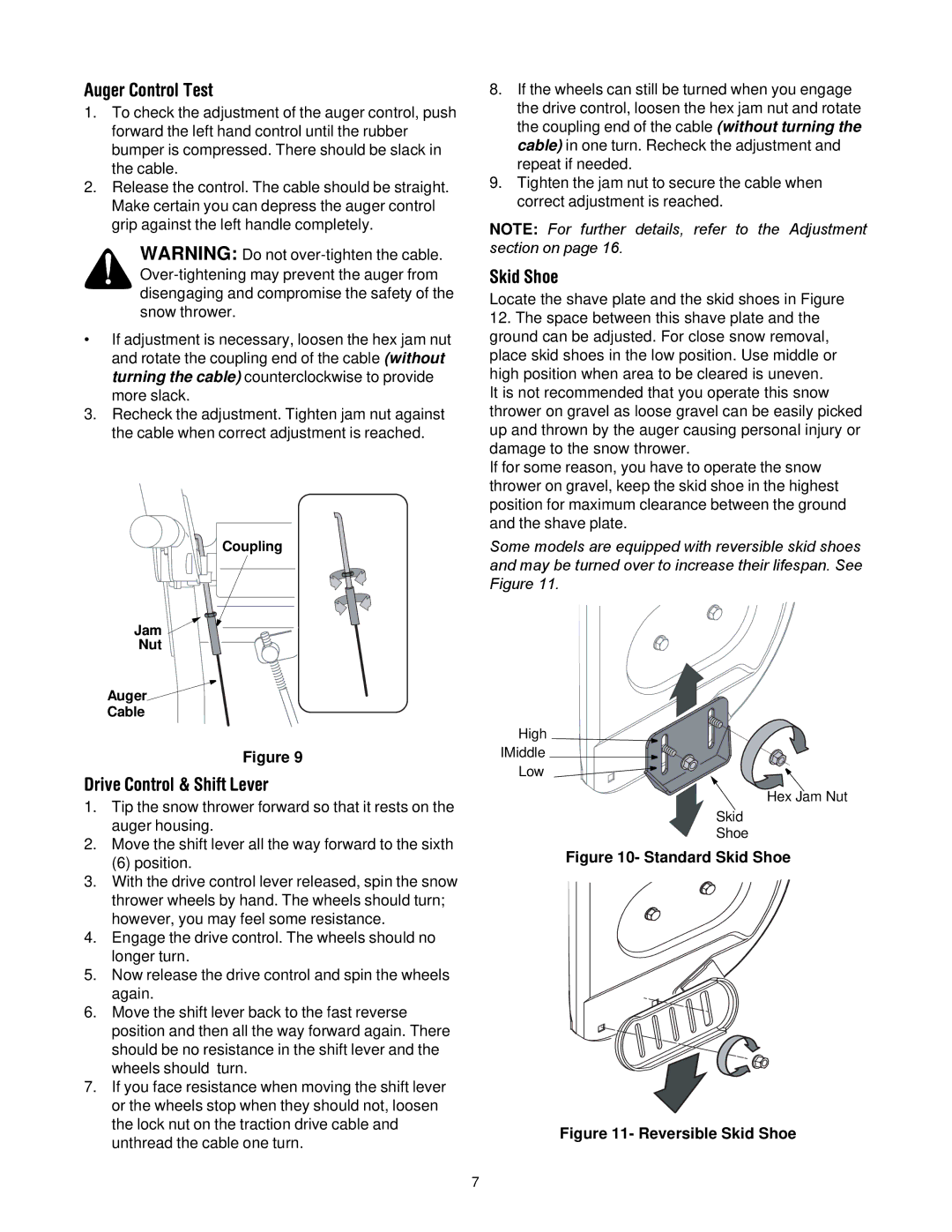 Troy-Bilt 500 series manual Auger Control Test, Drive Control & Shift Lever, Skid Shoe 