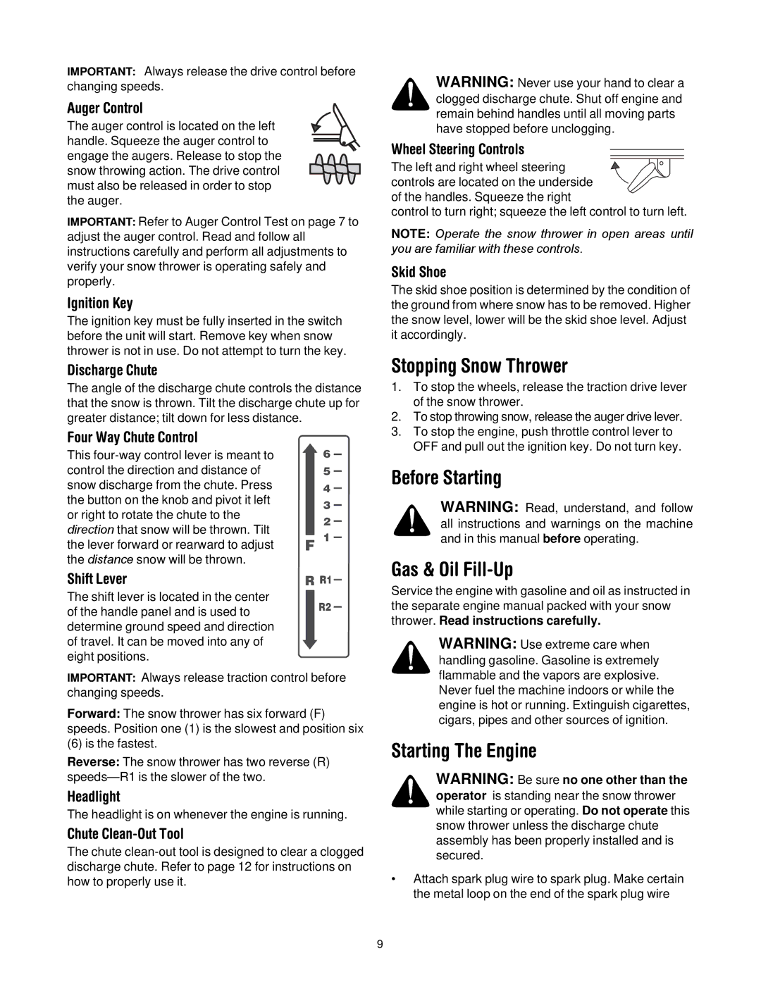 Troy-Bilt 500 series manual Stopping Snow Thrower, Before Starting Gas & Oil Fill-Up, Starting The Engine 