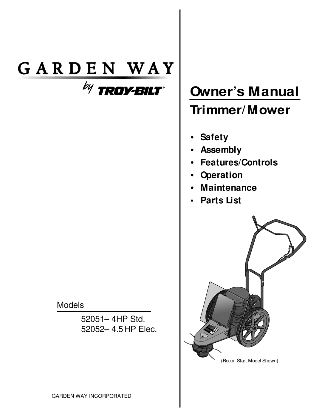 Troy-Bilt 52051, 52052 owner manual Trimmer/Mower, Recoil Start Model Shown 