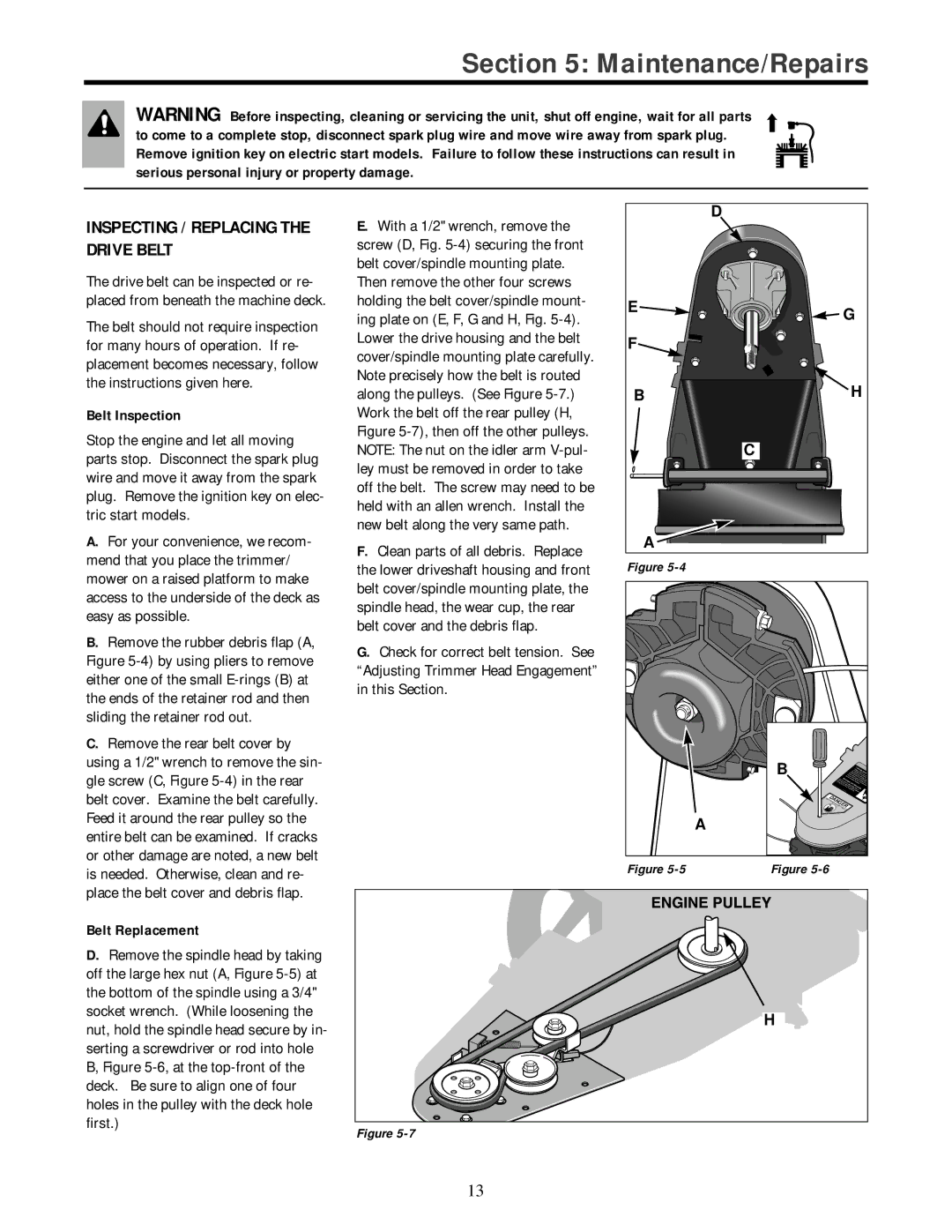 Troy-Bilt 52051, 52052 owner manual Inspecting / Replacing the Drive Belt, Belt Inspection, Belt Replacement 