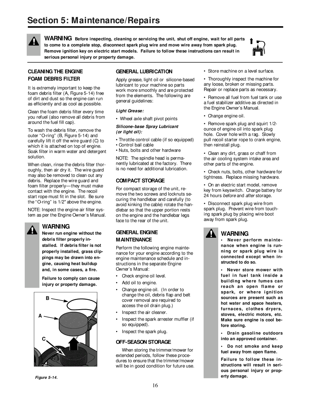 Troy-Bilt 52052 Cleaning the Engine Foam Debris Filter, General Lubrication, Compact Storage, General Engine Maintenance 