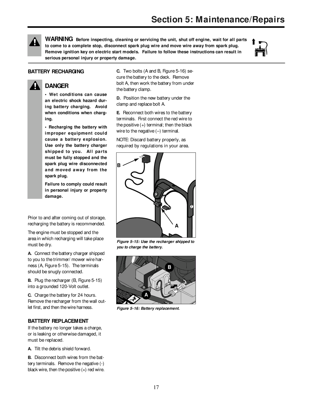 Troy-Bilt 52051, 52052 owner manual Battery Recharging, Battery Replacement 