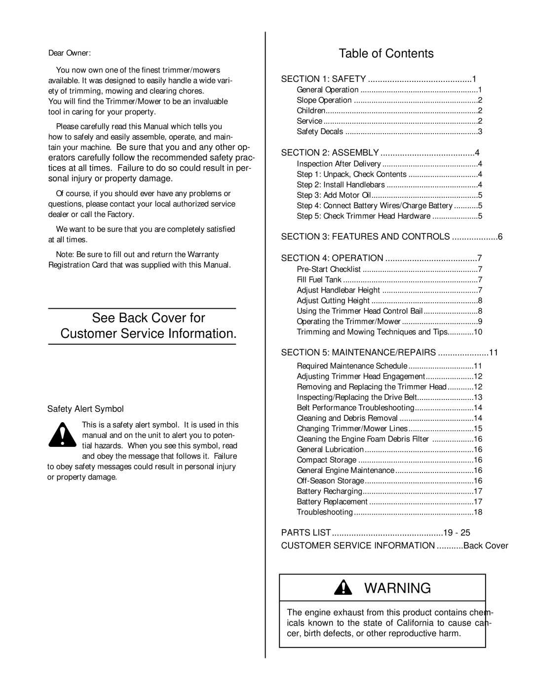 Troy-Bilt 52052, 52051 owner manual See Back Cover for Customer Service Information 