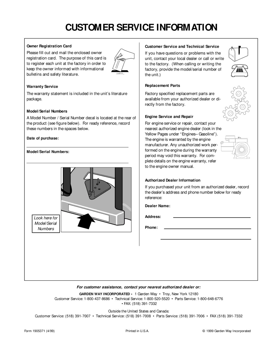 Troy-Bilt 52052 Owner Registration Card, Warranty Service, Date of purchase Model/Serial Numbers, Replacement Parts 