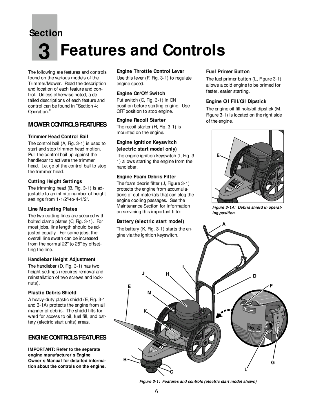 Troy-Bilt 52052, 52051 Features and Controls, Engine CONTROLS/FEATURES, Use this lever F, -1 to regulate engine speed 