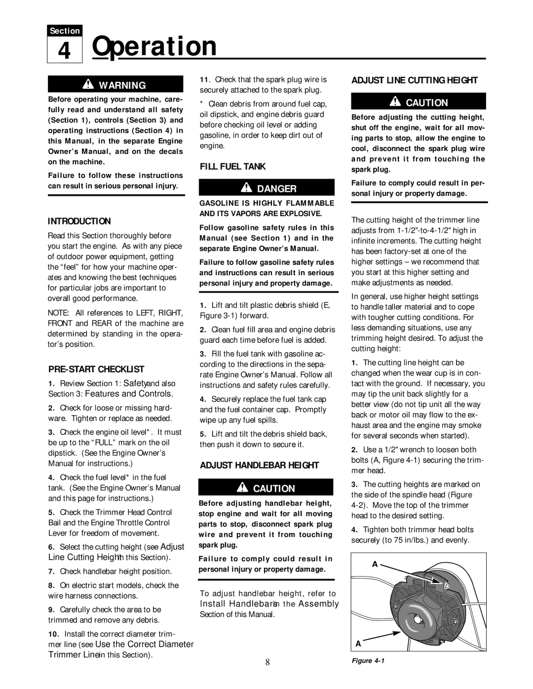 Troy-Bilt 52057, 52058 owner manual Operation, Introduction, PRE-START Checklist, Fill Fuel Tank, Adjust Line Cutting Height 