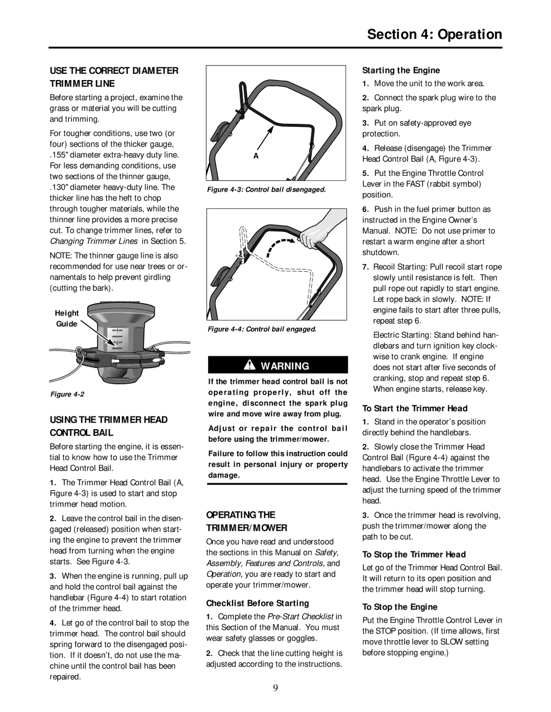 Troy-Bilt 52058, 52057 Using the Trimmer Head Control Bail, Operating TRIMMER/MOWER, USE the Correct Diameter Trimmer Line 