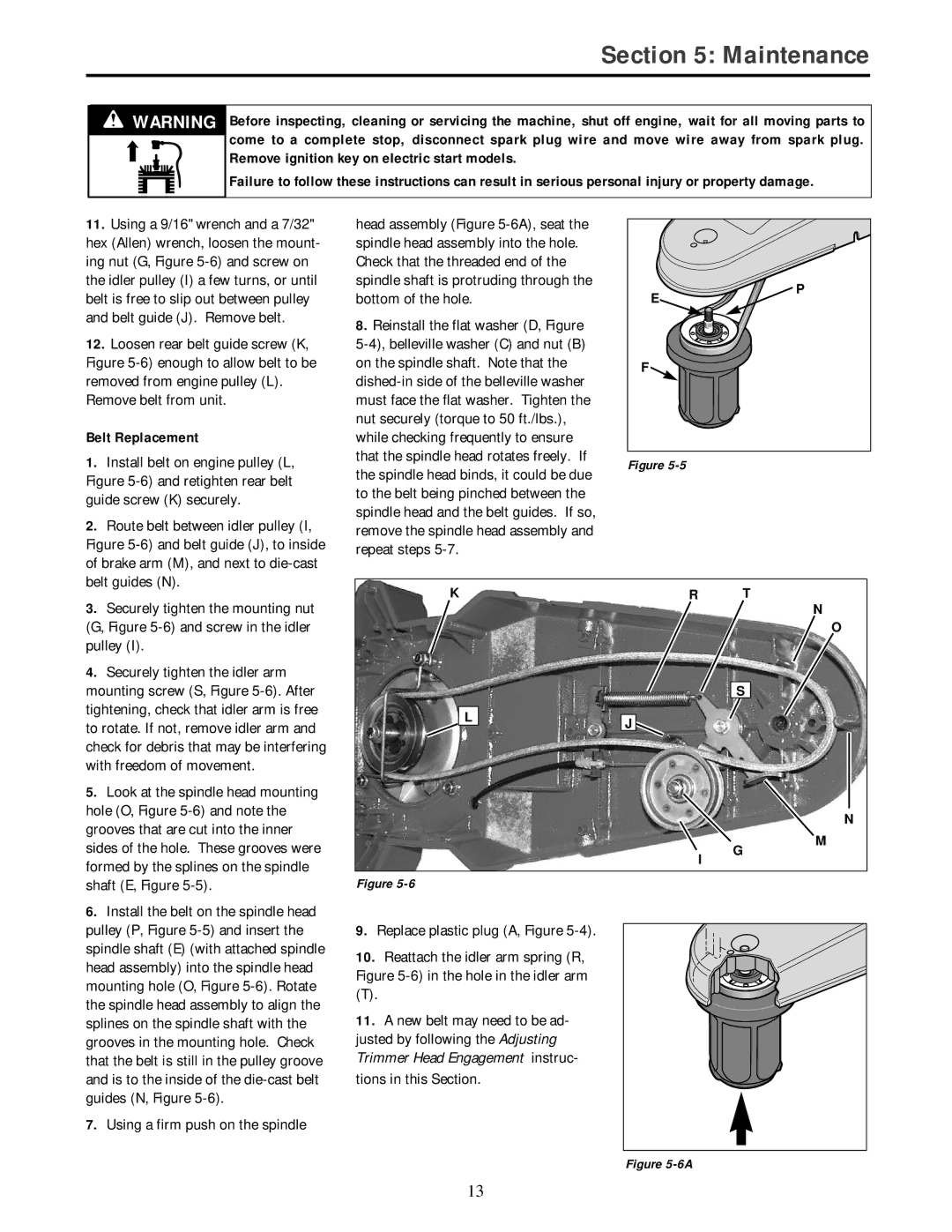 Troy-Bilt 52058, 52057 owner manual Belt Replacement, Kr T 