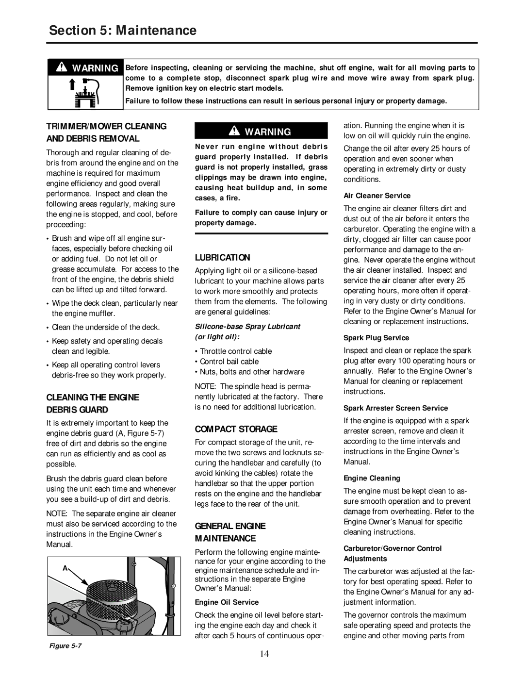 Troy-Bilt 52057, 52058 Cleaning the Engine Debris Guard, Lubrication, Compact Storage, General Engine Maintenance 