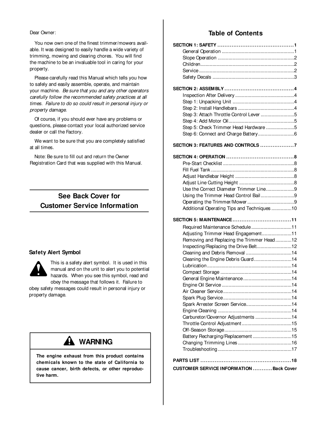 Troy-Bilt 52057, 52058 owner manual See Back Cover for Customer Service Information 